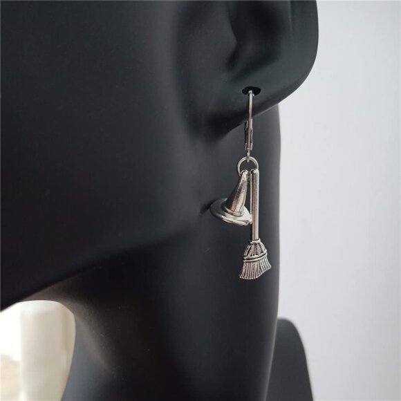 Tiny Antique Silver Witch Broomstick Lever Back Earrings Minimalist Halloween Je - Picture 4 of 4